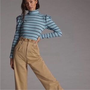 EUC Anthropologie Maeve Striped Puff Shoulder Ribbed Stretch Turtleneck Medium